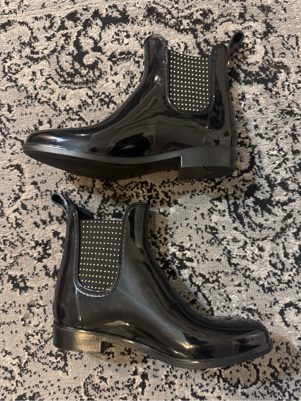 Women's Black Patent Chelsea Rain Boots with Studded Elastic Panels